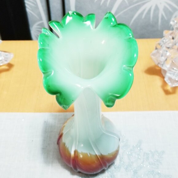 Vintage MCM Jack In The Pulpit Murano Style Green & Cranberry Bud Vase- Like new - Picture 2 of 6